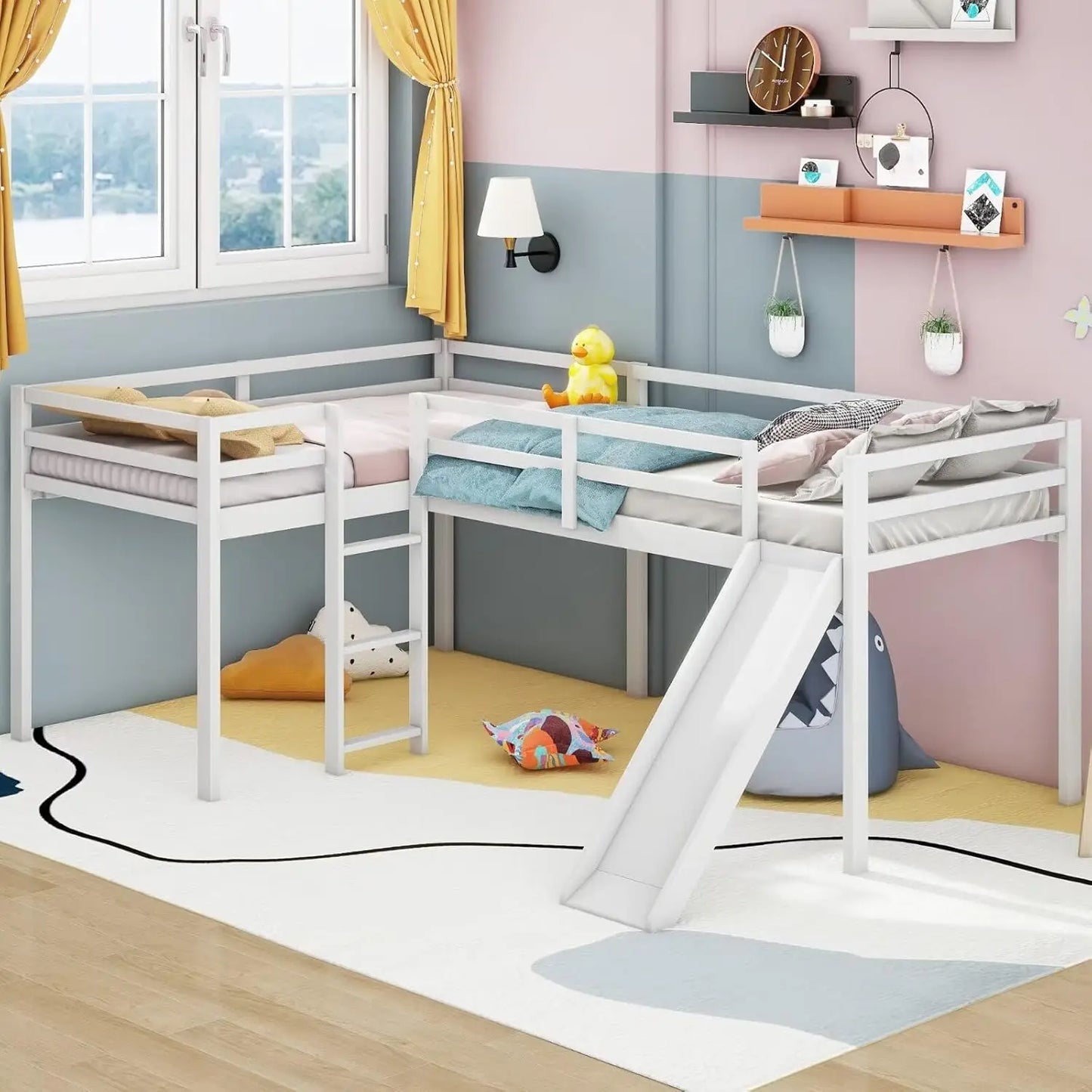Twin Size Double Loft Bed with Slide