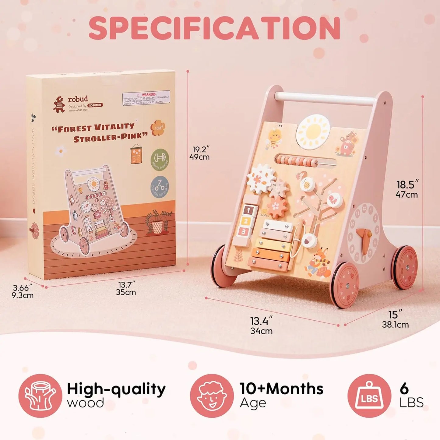 Robotime Robud Wooden Baby Walker with Wheels