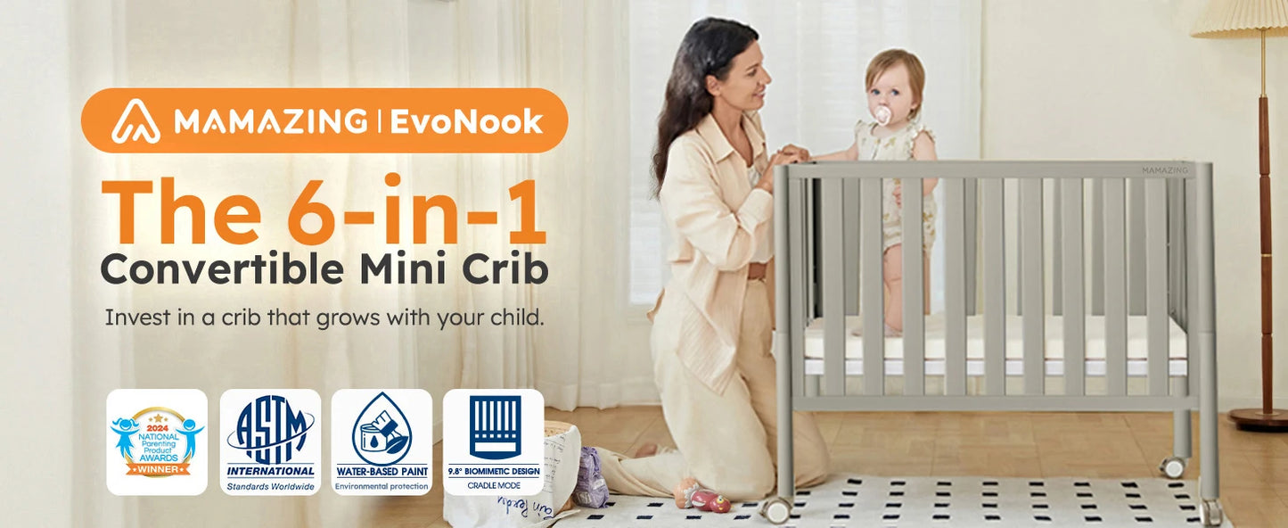 MAMAZING 6-in-1 Convertible Mini Crib (Grey)