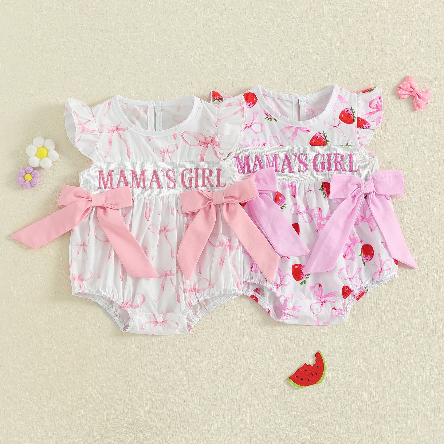 Embroidered Letter Romper with Bow Accents