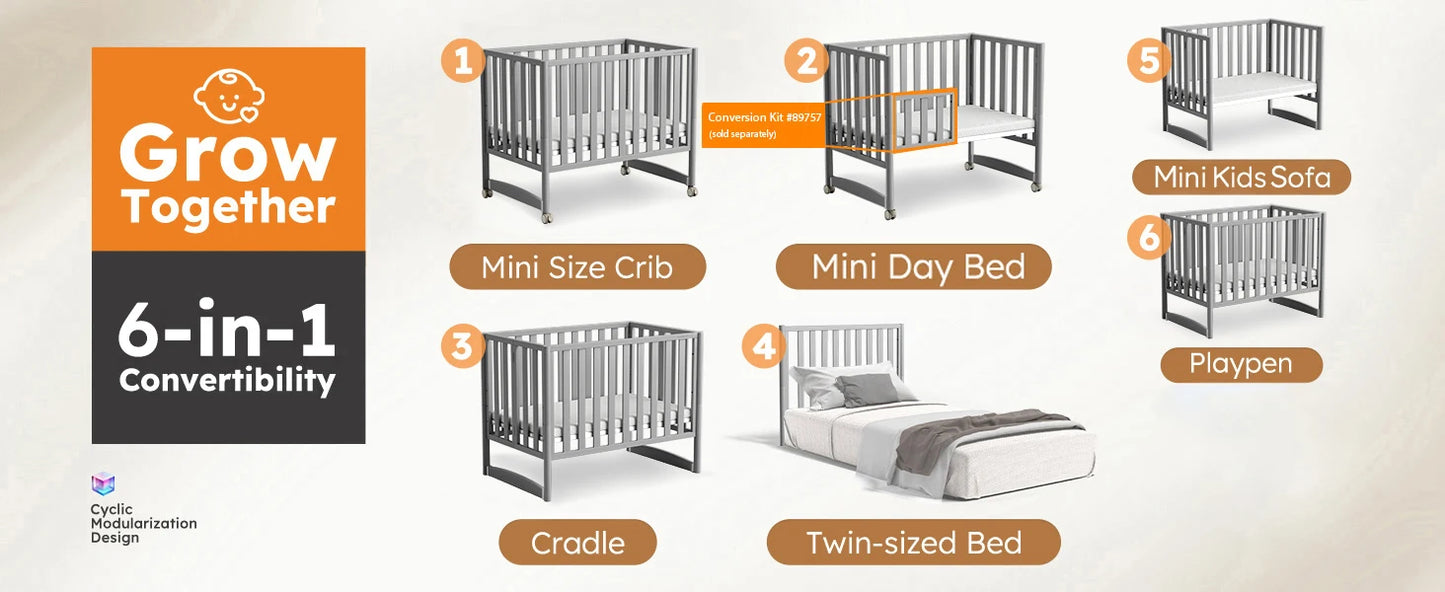 MAMAZING 6-in-1 Convertible Mini Crib (Grey)