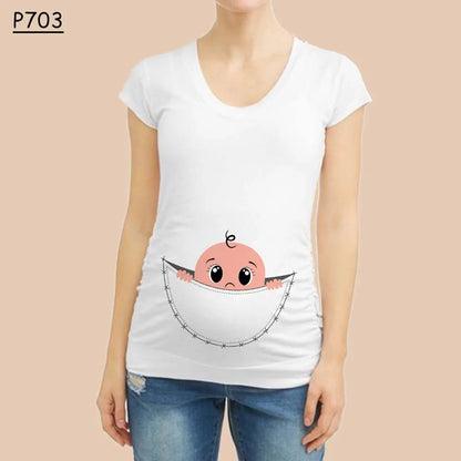 “Pocket Baby” White Maternity Short Sleeve T-Shirt
